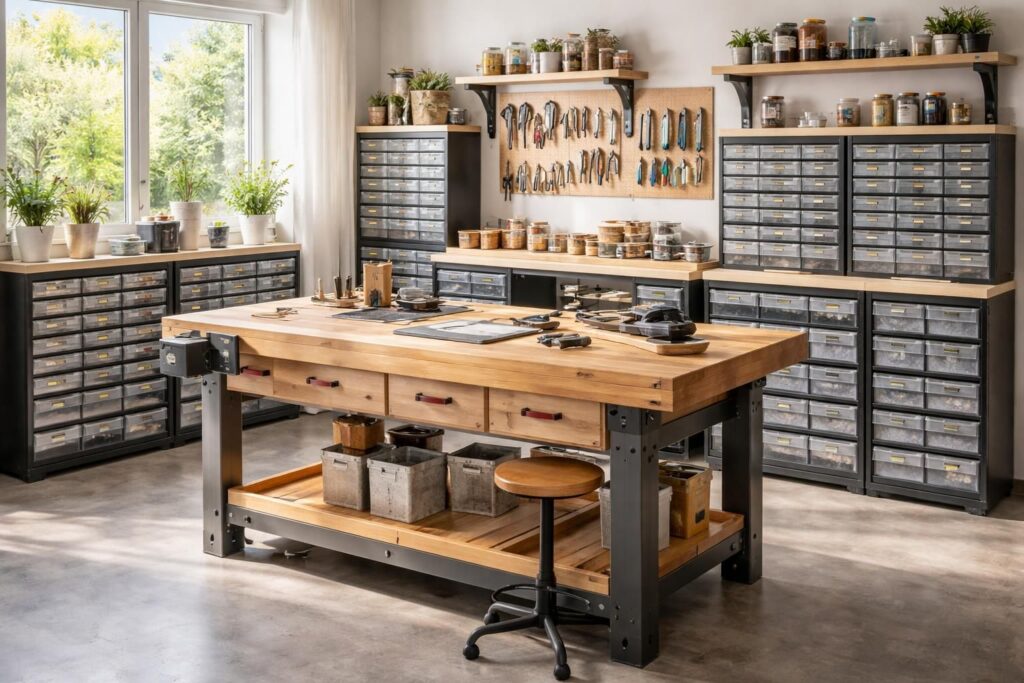 découvrez comment aménager un atelier créatif optimal avec un établi massif holzmann et un système de rangement modulaire raaco pour allier solidité et organisation.